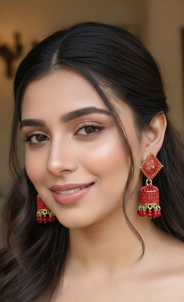 Red_And_Gold_Jhumka_Earrings_With_Textured_Square_Studs_And_Glossy_Bead_Danglers_For_A_Festive_Ethnic_Look