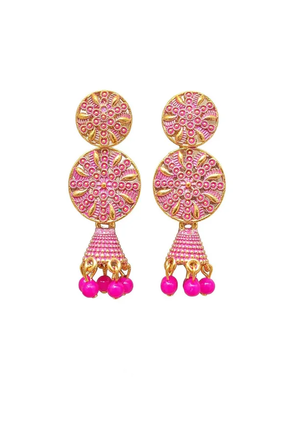 Gold_Toned_Circular_Jhumka_Earrings_With_Rani_Pink_Bead_Danglers
