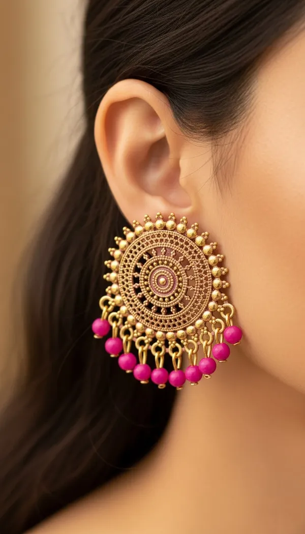 Pink_And_Gold_Tone_Circular_Dangler_Earrings_With_Intricate_Detailing_And_Glossy_Pink_Bead_Drops