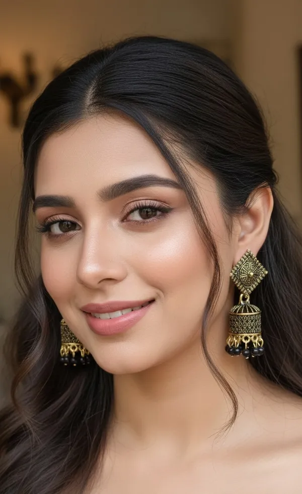 Black_And_Gold_Jhumka_Earrings_With_Textured_Square_Studs_And_Glossy_Bead_Danglers_For_A_Festive_Ethnic_Look