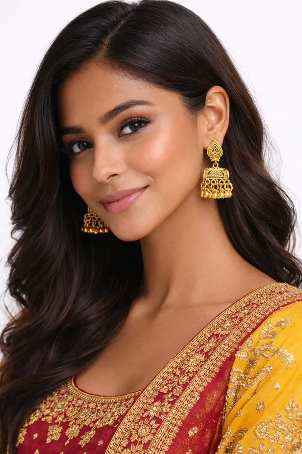 Elegant_Gold_Tone_Jhumka_Earrings_With_A_Paisley_Stud_And_Delicate_Dangling_Bead