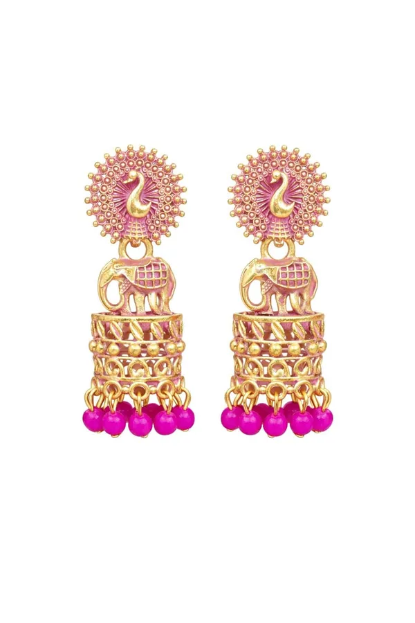 Gold_Tone_Peacock_And_Elephant_Motif_Jhumka_Earrings_Pink_Bead_Drops.