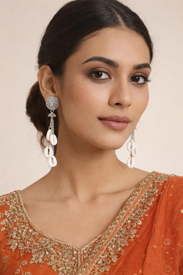 Round_Silver_Tone_Stud_Earrings_With_Cascading_Chain_Drops