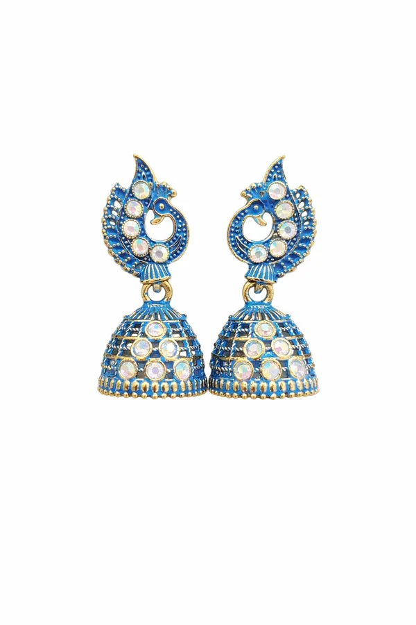 Elegant_blue_peacock-inspired_jhumka_earrings_adorned_with_sparkling_stones_and_intricate_gold_detailing