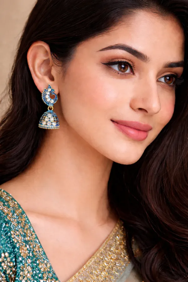Elegant_blue_peacock-inspired_jhumka_earrings_adorned_with_sparkling_stones_and_intricate_gold_detailing