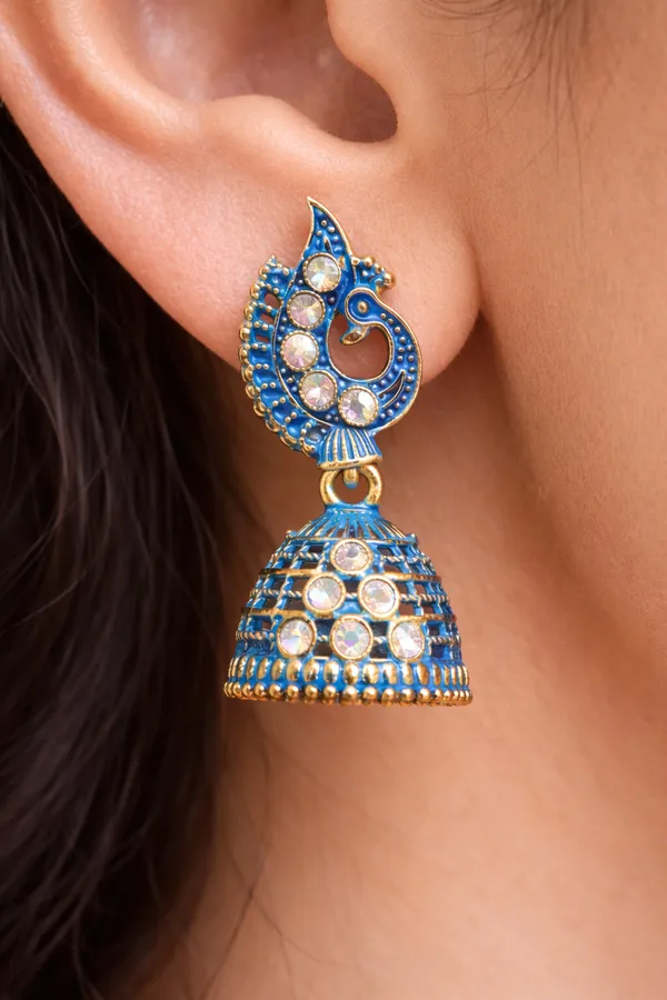 Elegant_blue_peacock-inspired_jhumka_earrings_adorned_with_sparkling_stones_and_intricate_gold_detailing