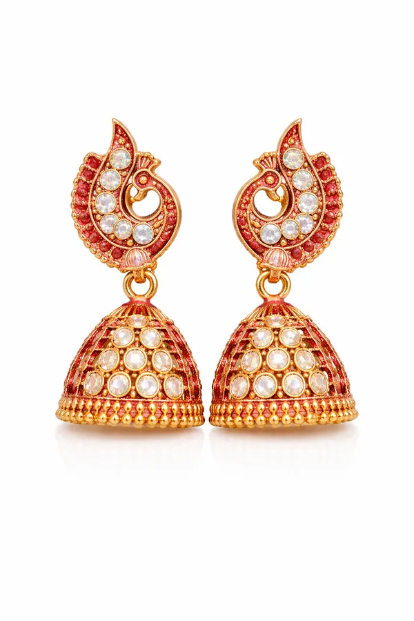 Elegant_Red_peacock-inspired_jhumka_earrings_adorned_with_sparkling_stones_and_intricate_gold_detailing
