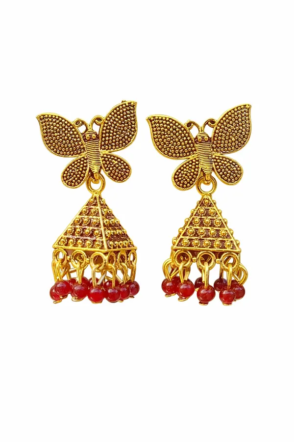 Elegant_butterfly_Red_and_gold_dangling_earrings_adorned_with_sparkling_stones_and_Maroon_bead_accents