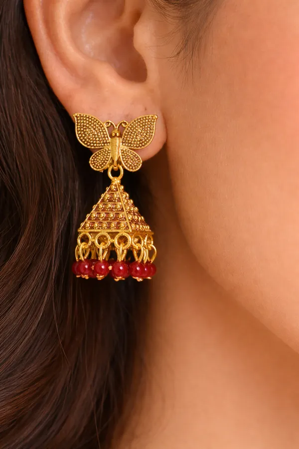 Elegant_butterfly_Red_and_gold_dangling_earrings_adorned_with_sparkling_stones_and_Maroon_bead_accents