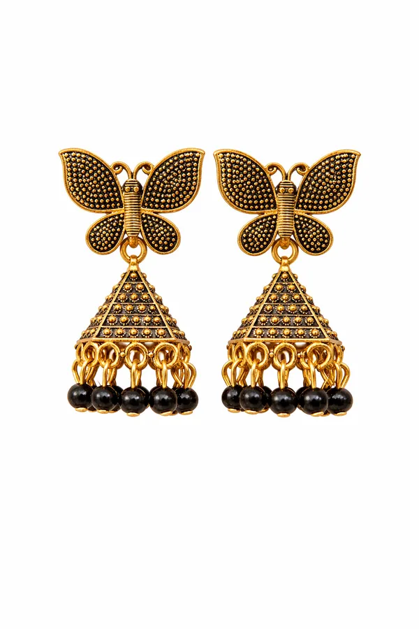 Elegant_butterfly_Black_and_gold_dangling_earrings_adorned_with_sparkling_stones_and_Maroon_bead_accents