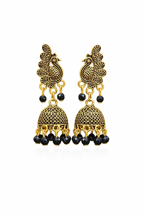 Elegant_peacock-inspired_Black_and_gold_jhumka_earrings_adorned_with_intricate_detailing_and_black_bead_accents