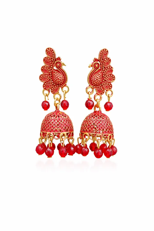 Elegant_peacock-inspired_Red_and_gold_jhumka_earrings_adorned_with_intricate_detailing_and_Red_bead_accents