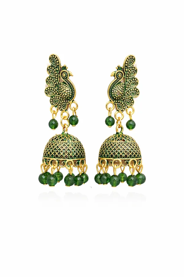 Elegant_peacock-inspired_Green_and_gold_jhumka_earrings_adorned_with_intricate_detailing_and_Green_bead_accents