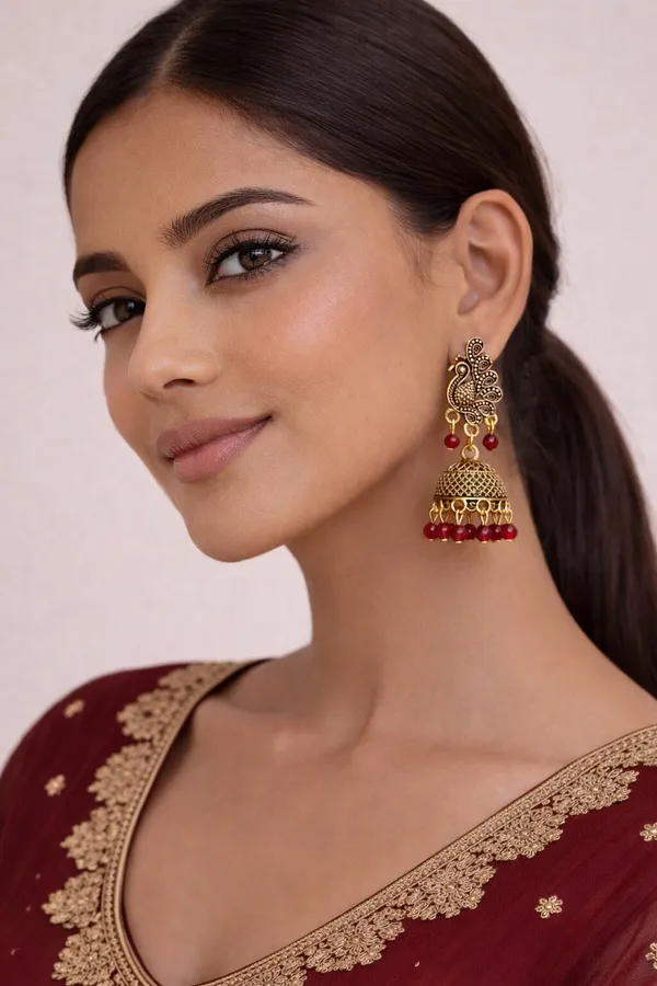 Elegant_peacock-inspired_Maroon_and_gold_jhumka_earrings_adorned_with_intricate_detailing_and_Green_bead_accents