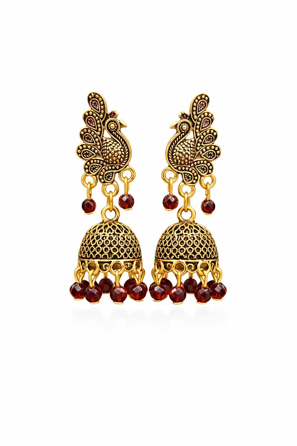 Elegant_peacock-inspired_Maroon_and_gold_jhumka_earrings_adorned_with_intricate_detailing_and_Green_bead_accents