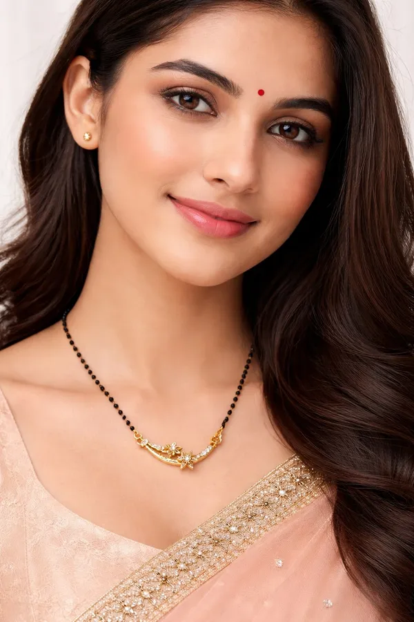 Traditional_gold-tone_mangalsutra_featuring_a_detailed_floral_pendant_with_twin_black_bead_chains