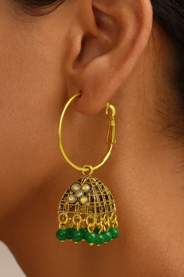 Gold_Tone_Hoop_Jhumka_Earrings_With_Green_Beads