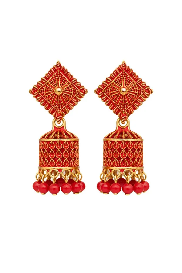 Red_And_Gold_Jhumka_Earrings_With_Textured_Square_Studs_And_Glossy_Bead_Danglers_For_A_Festive_Ethnic_Look