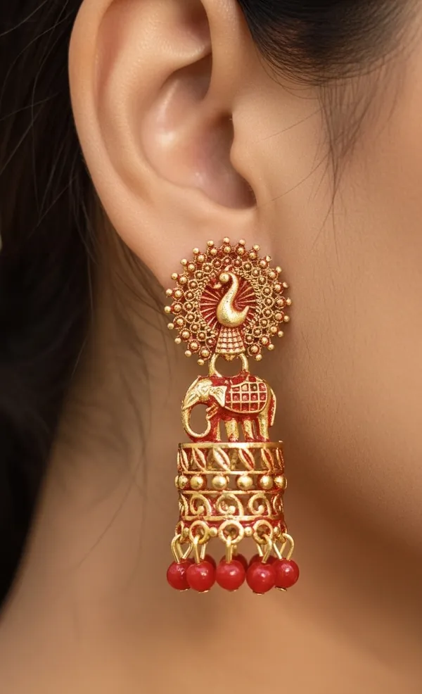 Gold_Tone_Peacock_And_Elephant_Motif_Jhumka_Earrings_Red_Bead_Drops.