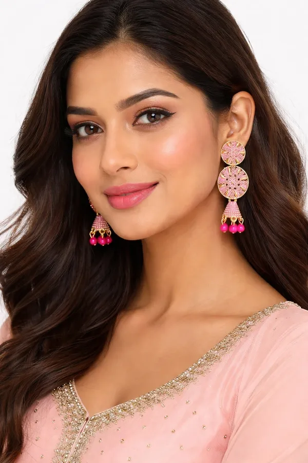 Gold_Toned_Circular_Jhumka_Earrings_With_Rani_Pink_Bead_Danglers
