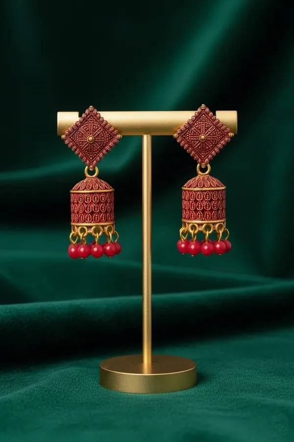 Magenta_And_Gold_Tone_Jhumka_Earrings