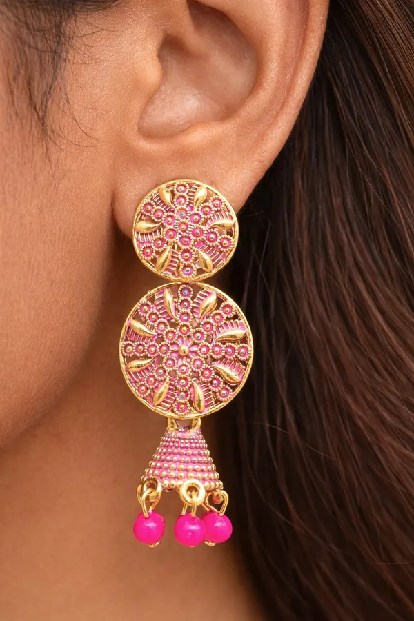 Gold_Toned_Circular_Jhumka_Earrings_With_Rani_Pink_Bead_Danglers