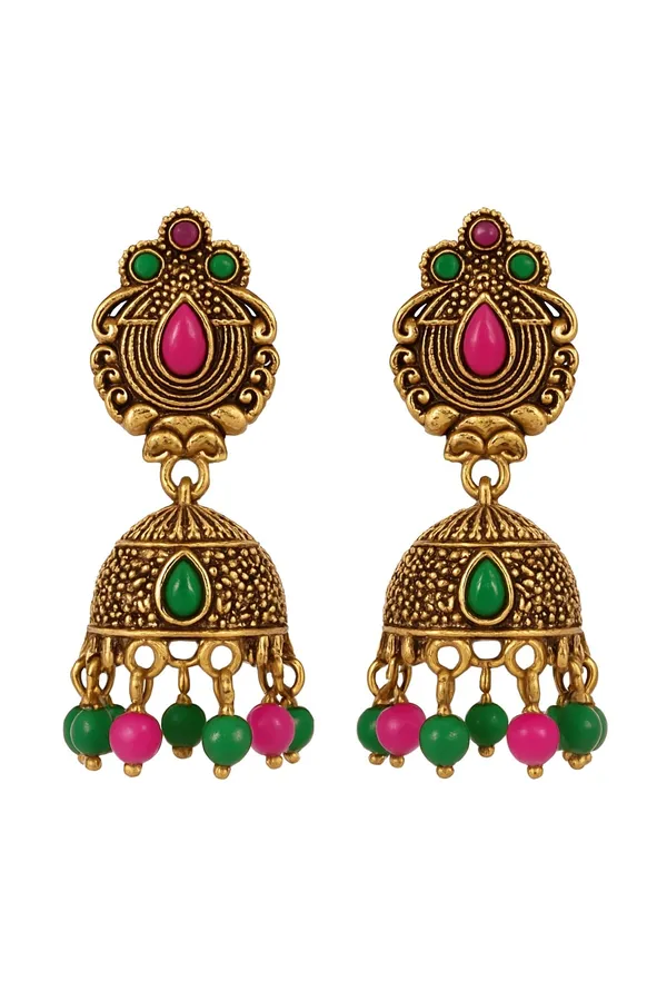 Traditional_Gold_Plated_Jhumkas_With_Pink_&_Green_Beads