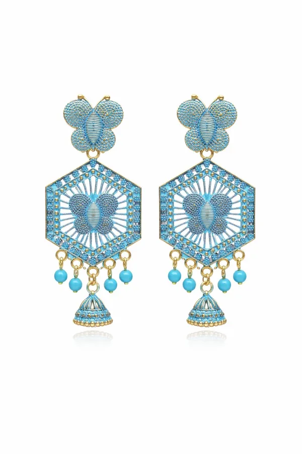 Gold_Toned_&_Blue_Butterfly_Hexagon_Jhumka_Earrings