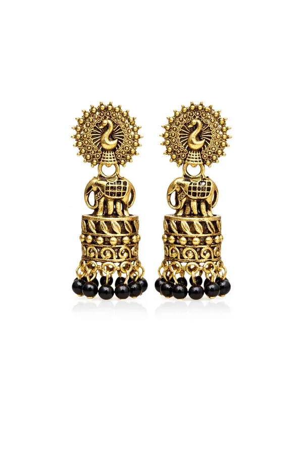Gold_Tone_Peacock_And_Elephant_Motif_Jhumka_Earrings_Black_Bead_Drops.
