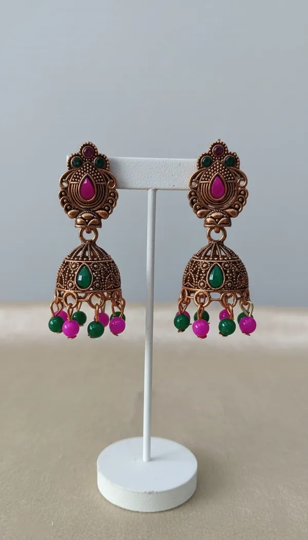 Traditional_Gold_Plated_Jhumkas_With_Pink_&_Green_Beads