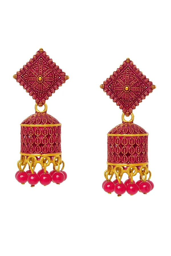 Magenta_And_Gold_Tone_Jhumka_Earrings