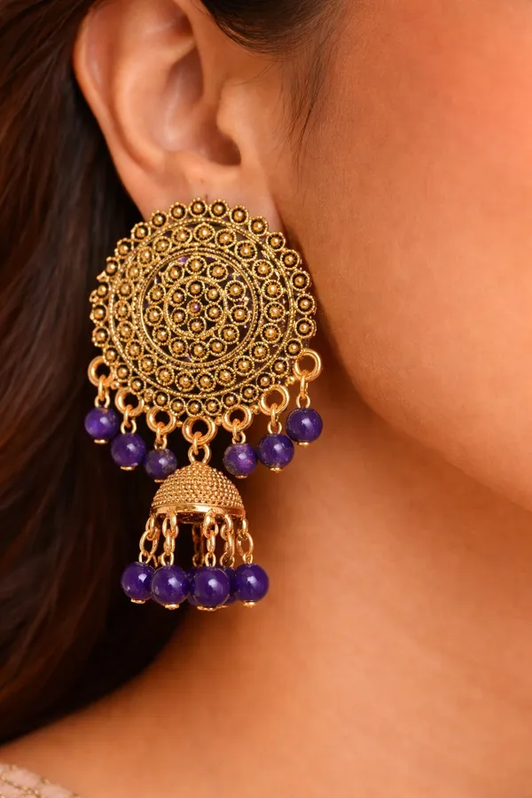 Gold_Circular_Stud_Earrings_With_Intricate_Detailing,_Blue_Bead_Danglers