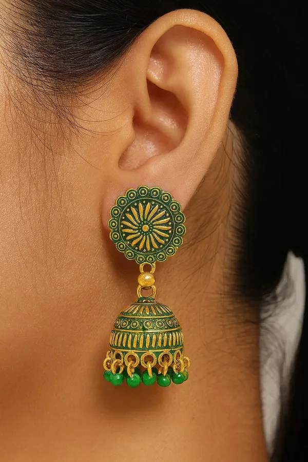 Gold_Tone_Jhumka_Earrings_With_Intricate_Detailing_And_Green_Bead_Drops
