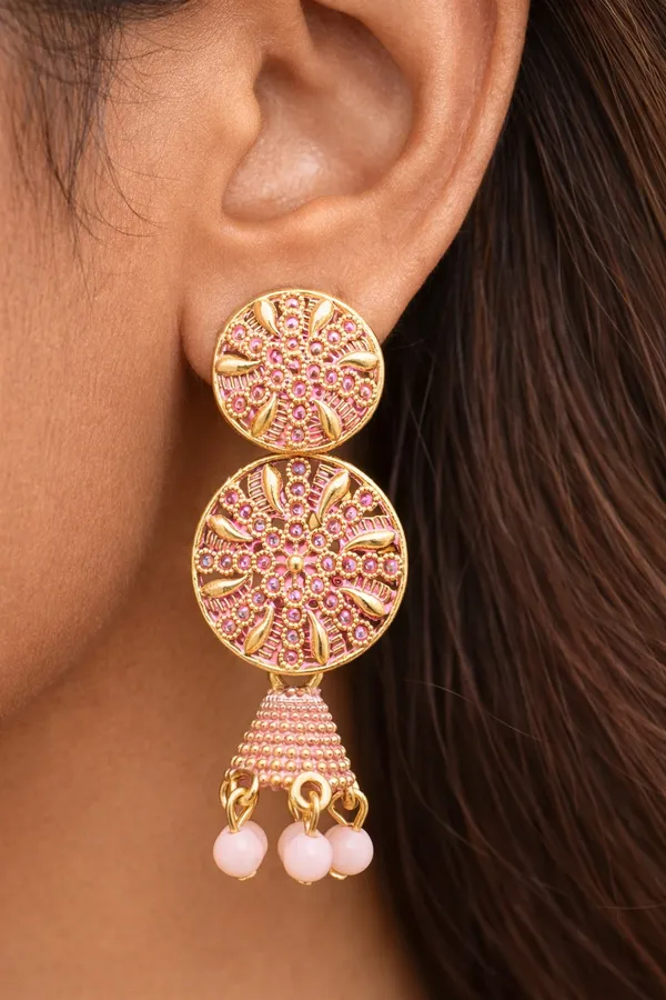 Gold_Toned_Circular_Jhumka_Earrings_With_Peach_Bead_Danglers