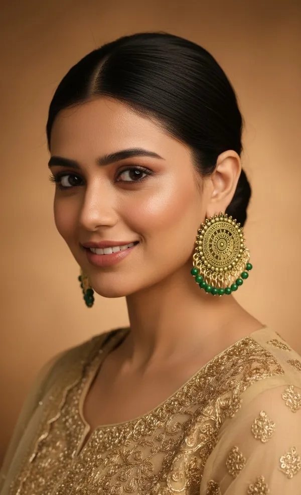 Antique_Gold_Tone_Circular_Dangler_Earrings_With_Intricate_Detailing_And_Vibrant_Green_Bead_Drops