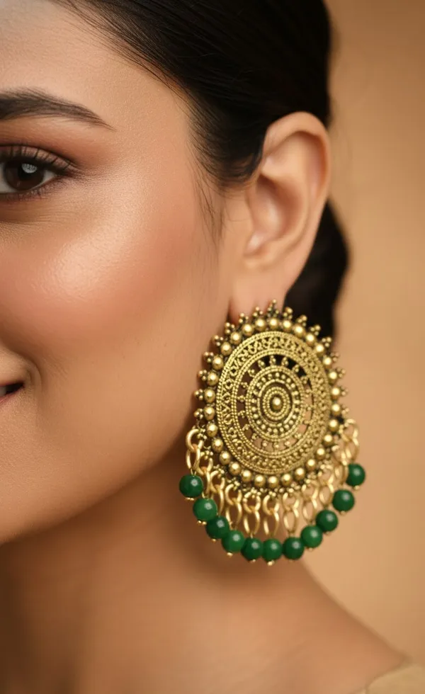 Antique_Gold_Tone_Circular_Dangler_Earrings_With_Intricate_Detailing_And_Vibrant_Green_Bead_Drops