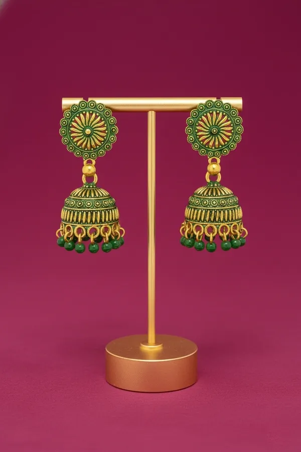 Gold_Tone_Jhumka_Earrings_With_Intricate_Detailing_And_Green_Bead_Drops