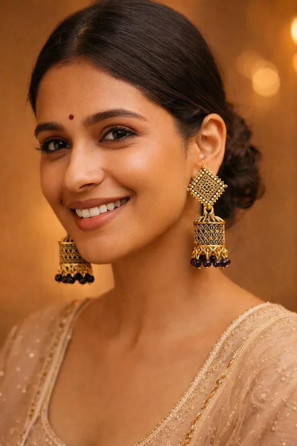 Black_And_Gold_Jhumka_Earrings_With_Textured_Square_Studs_And_Glossy_Bead_Danglers_For_A_Festive_Ethnic_Look