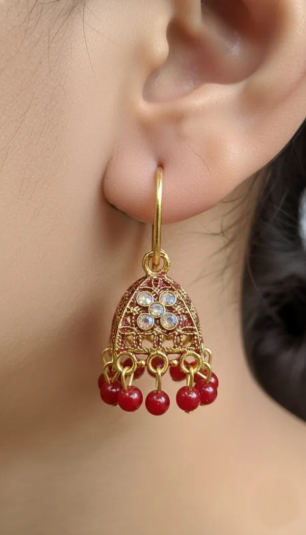Gold_Tone_Hoop_Jhumka_Earrings_With_Red_Beads
