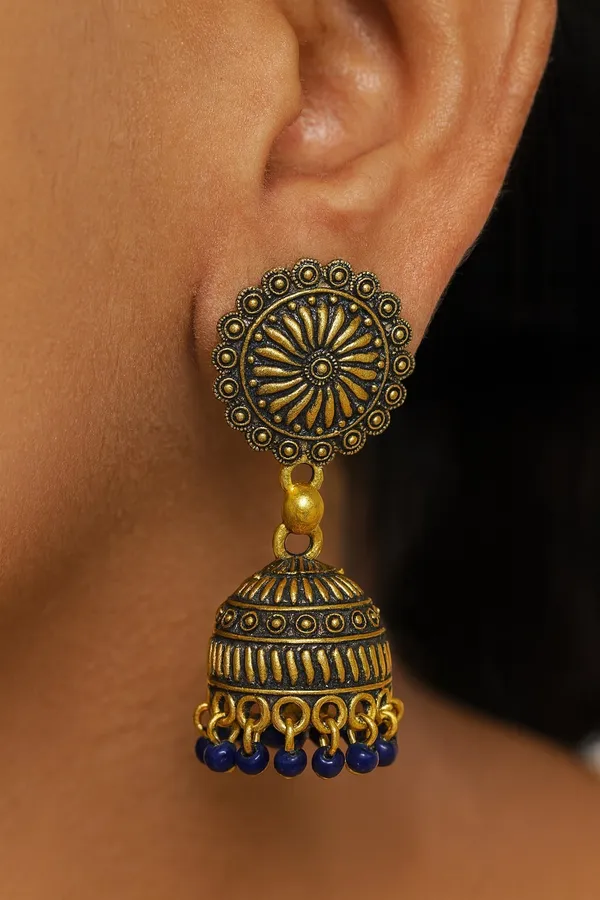 Gold_Tone_Jhumka_Earrings_With_Intricate_Detailing_And_Navy_Blue_Bead_Drops