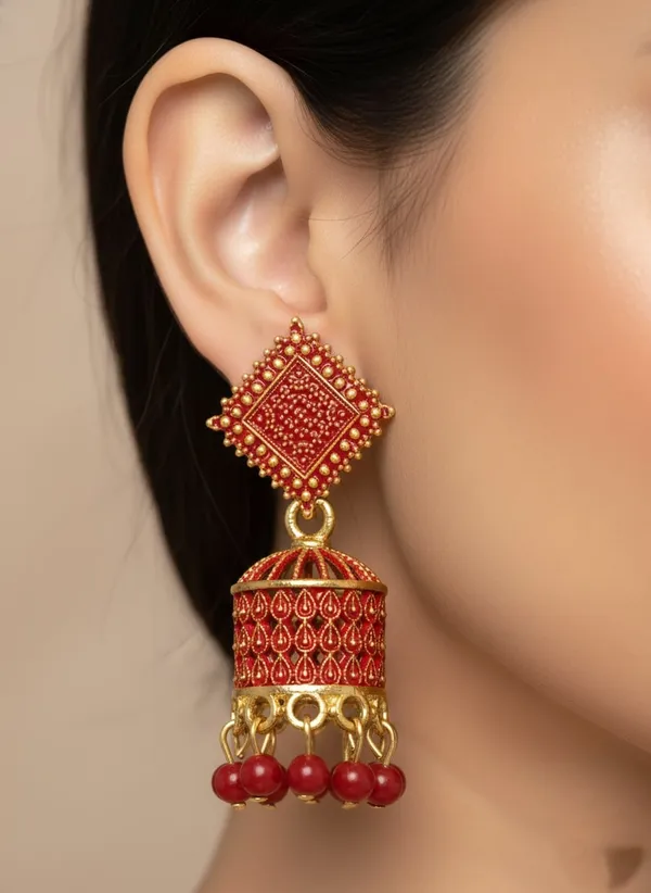 Red_And_Gold_Jhumka_Earrings_With_Textured_Square_Studs_And_Glossy_Bead_Danglers_For_A_Festive_Ethnic_Look