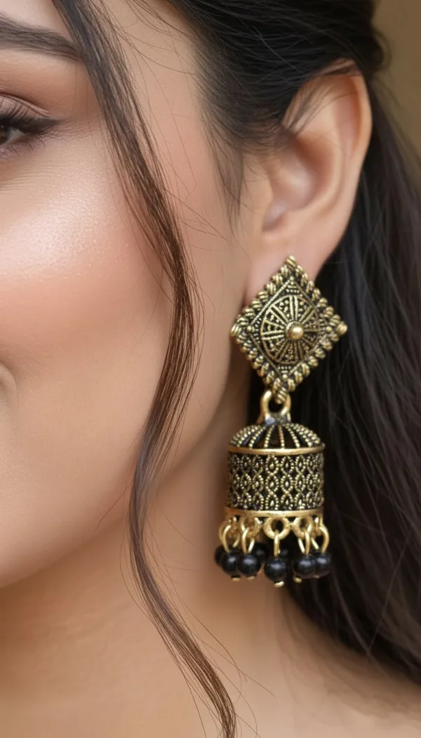 Black_And_Gold_Jhumka_Earrings_With_Textured_Square_Studs_And_Glossy_Bead_Danglers_For_A_Festive_Ethnic_Look