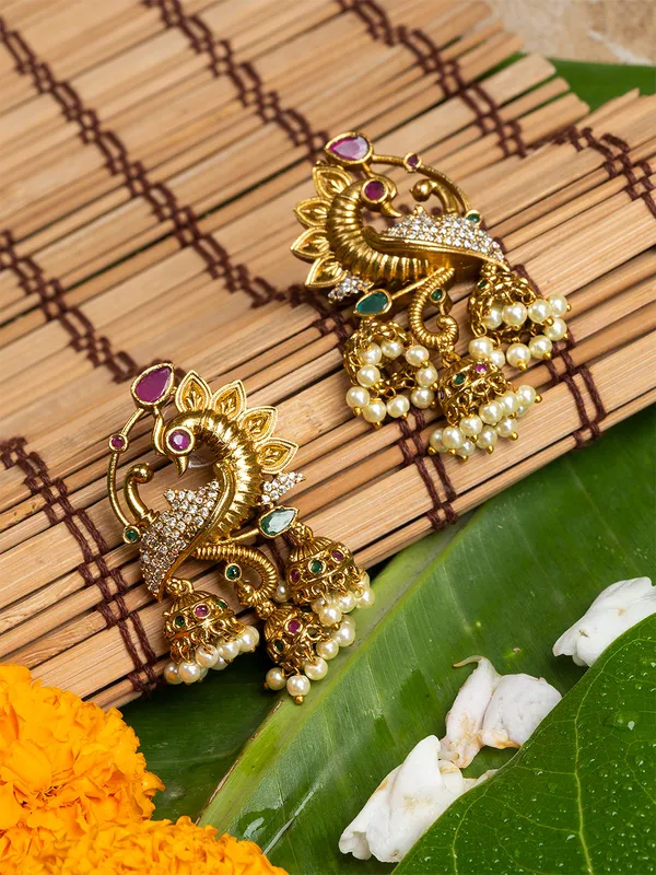 Gold_&_Multi_Peacock_Shape_Drop_Earrings
