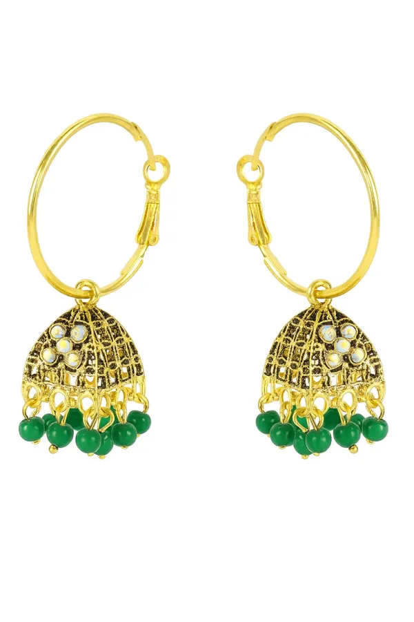 Gold_Tone_Hoop_Jhumka_Earrings_With_Green_Beads