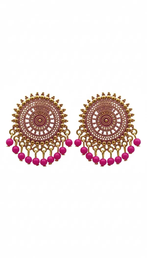 Pink_And_Gold_Tone_Circular_Dangler_Earrings_With_Intricate_Detailing_And_Glossy_Pink_Bead_Drops