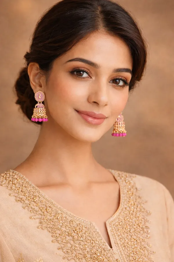 Gold_Tone_Peacock_And_Elephant_Motif_Jhumka_Earrings_Pink_Bead_Drops.