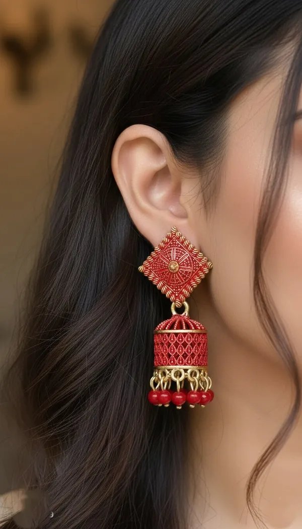 Red_And_Gold_Jhumka_Earrings_With_Textured_Square_Studs_And_Glossy_Bead_Danglers_For_A_Festive_Ethnic_Look