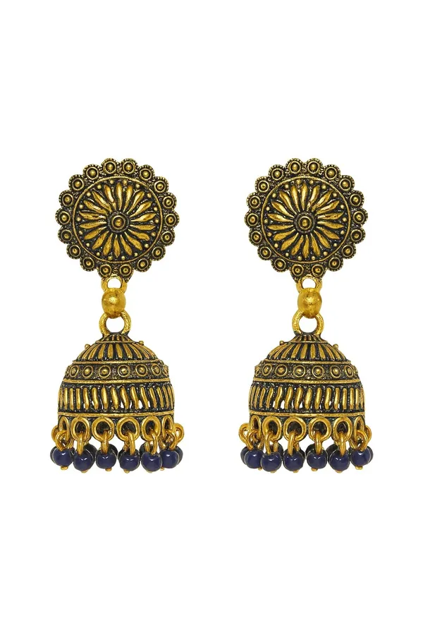 Gold_Tone_Jhumka_Earrings_With_Intricate_Detailing_And_Navy_Blue_Bead_Drops