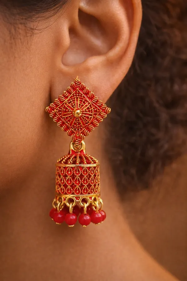 Red_And_Gold_Jhumka_Earrings_With_Textured_Square_Studs_And_Glossy_Bead_Danglers_For_A_Festive_Ethnic_Look