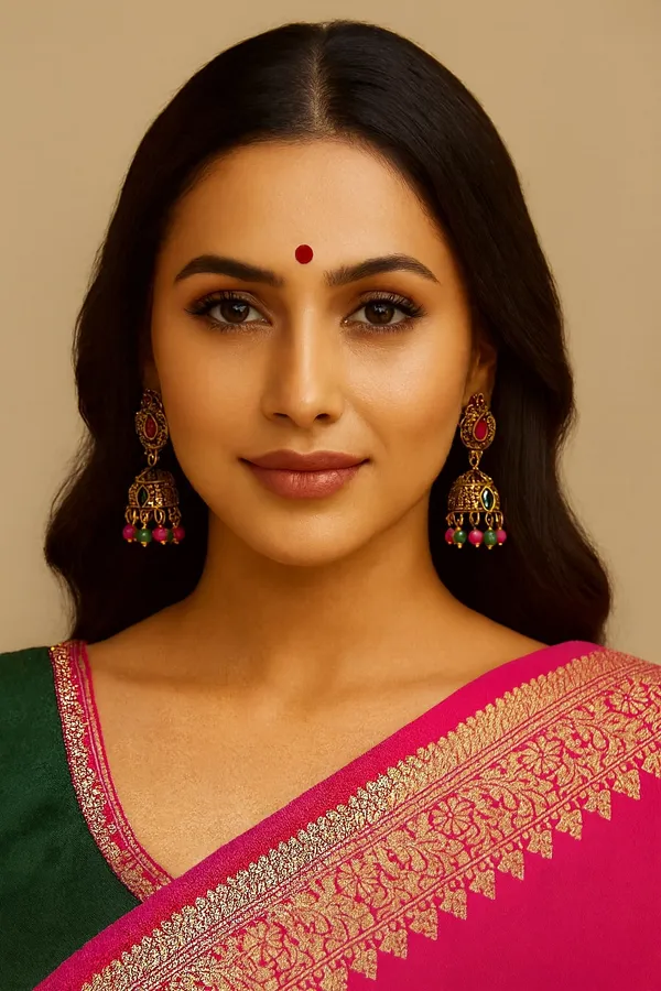 Traditional_Gold_Plated_Jhumkas_With_Pink_&_Green_Beads